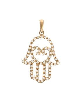 14K Real Yellow Gold Hamsa Single Pave Diamond Pendant